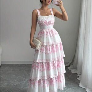 SHEIN White and Pink Floral Maxi Dress